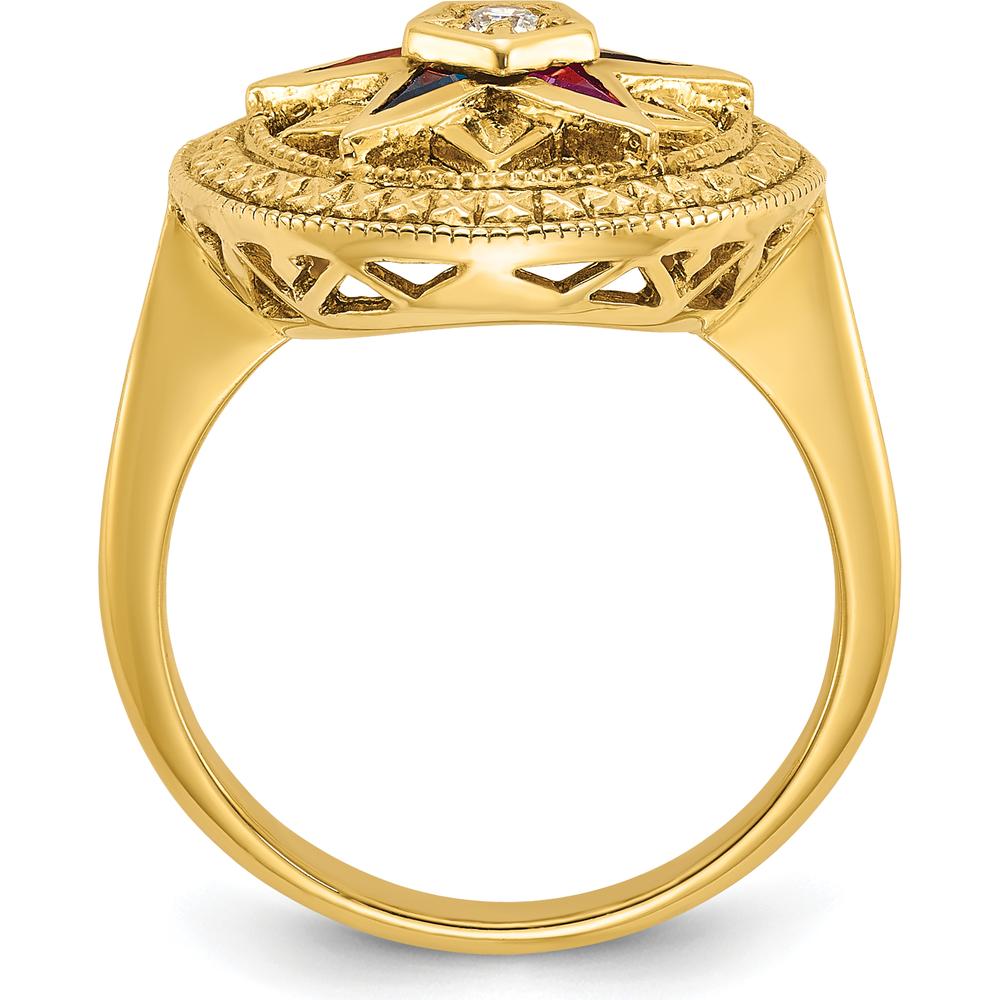 14K Yellow Gold Women's Polished and Textured Eastern Star Masonic Ring with Diamond, Ruby, Emerald, Sapphire, and Amethyst Stones by IBGoodman