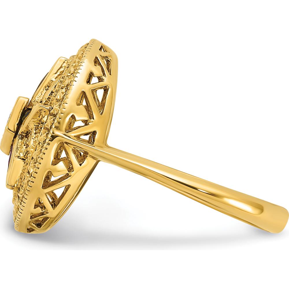 14K Yellow Gold Women's Polished and Textured Eastern Star Masonic Ring with Diamond, Ruby, Emerald, Sapphire, and Amethyst Stones by IBGoodman