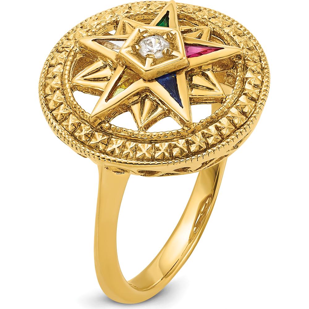 14K Yellow Gold Women's Polished and Textured Eastern Star Masonic Ring with Diamond, Ruby, Emerald, Sapphire, and Amethyst Stones by IBGoodman