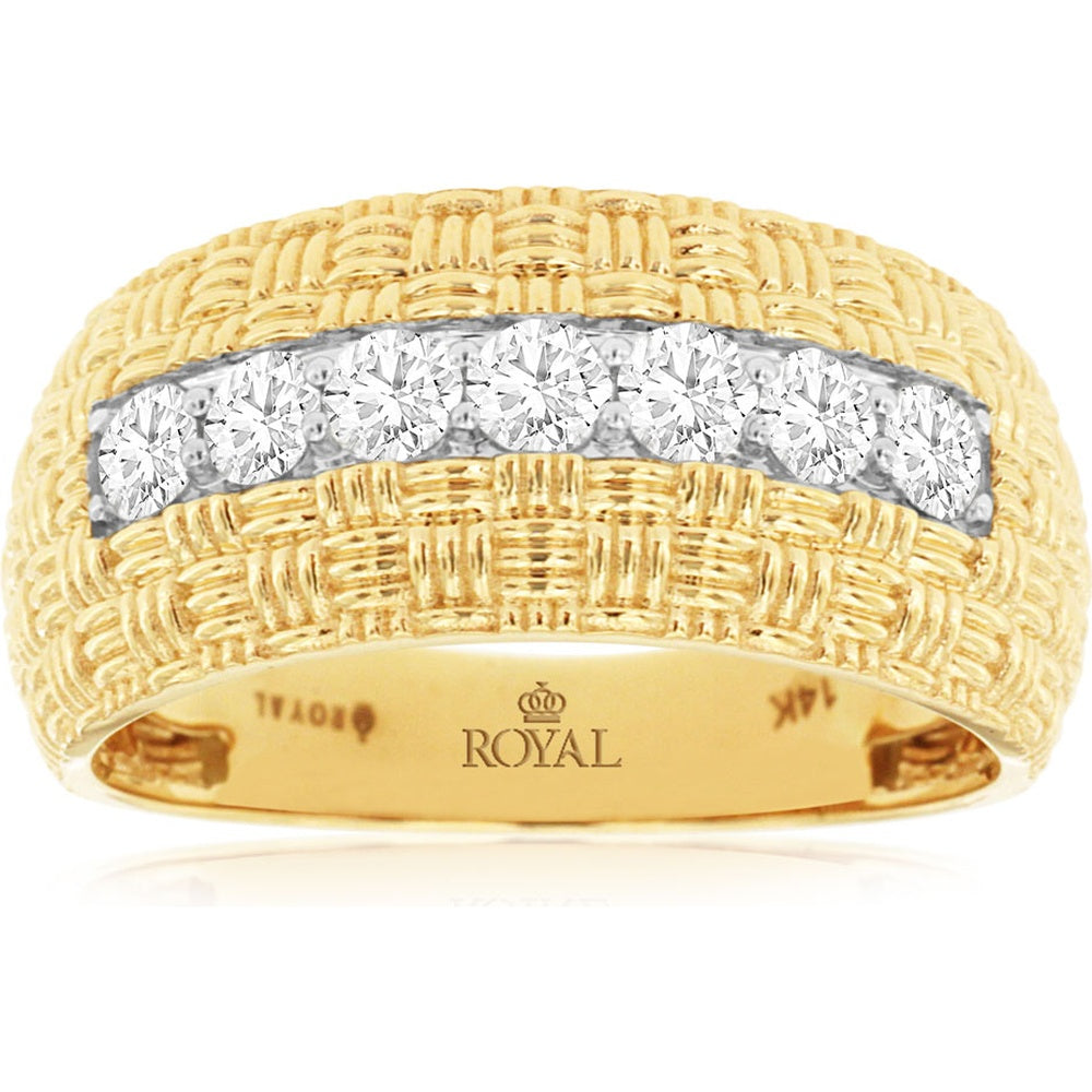 14K Yellow Gold Woven Texture Band with Channel Set Round Diamonds - 0.75 Carat Total Diamond Weight - Royal Jewelry