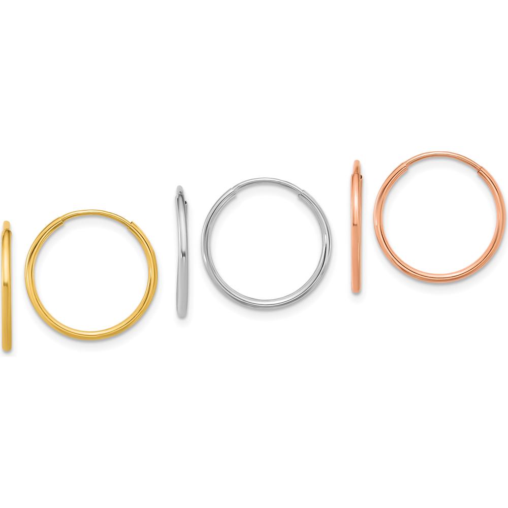 14K Yellow, White, and Rose Gold 1.20mm Endless Hoop Earring Set - Polished Tri-Color Finish by Oro Pregiato