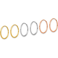 14K Yellow, White, and Rose Gold 1.20mm Endless Hoop Earring Set - Polished Tri-Color Finish by Oro Pregiato