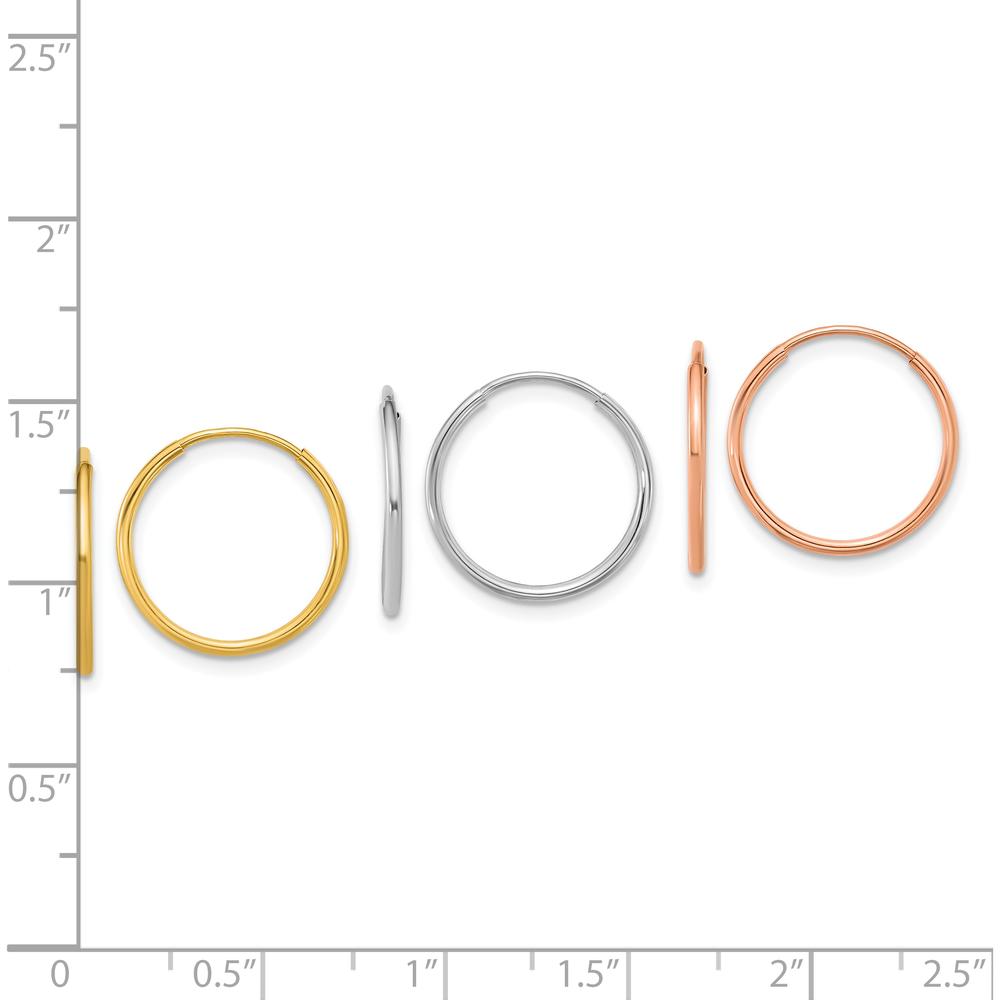 14K Yellow, White, and Rose Gold 1.20mm Endless Hoop Earring Set - Polished Tri-Color Finish by Oro Pregiato