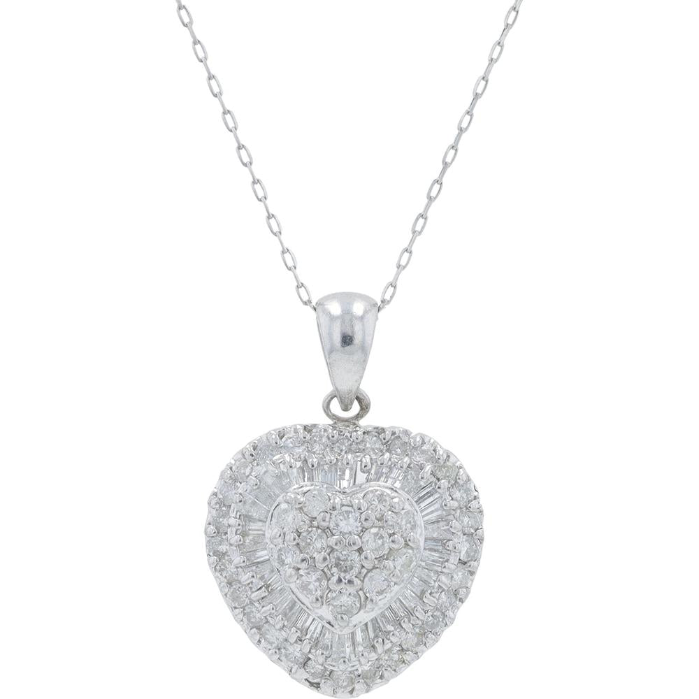 18" Platinum Heart Pendant with 1.00 Carat Total Round and Baguette Diamonds