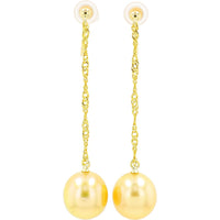 18K and 24K Yellow Gold Drop Earrings with 9.9-11.5mm Golden Pearls on Cable Link Chain