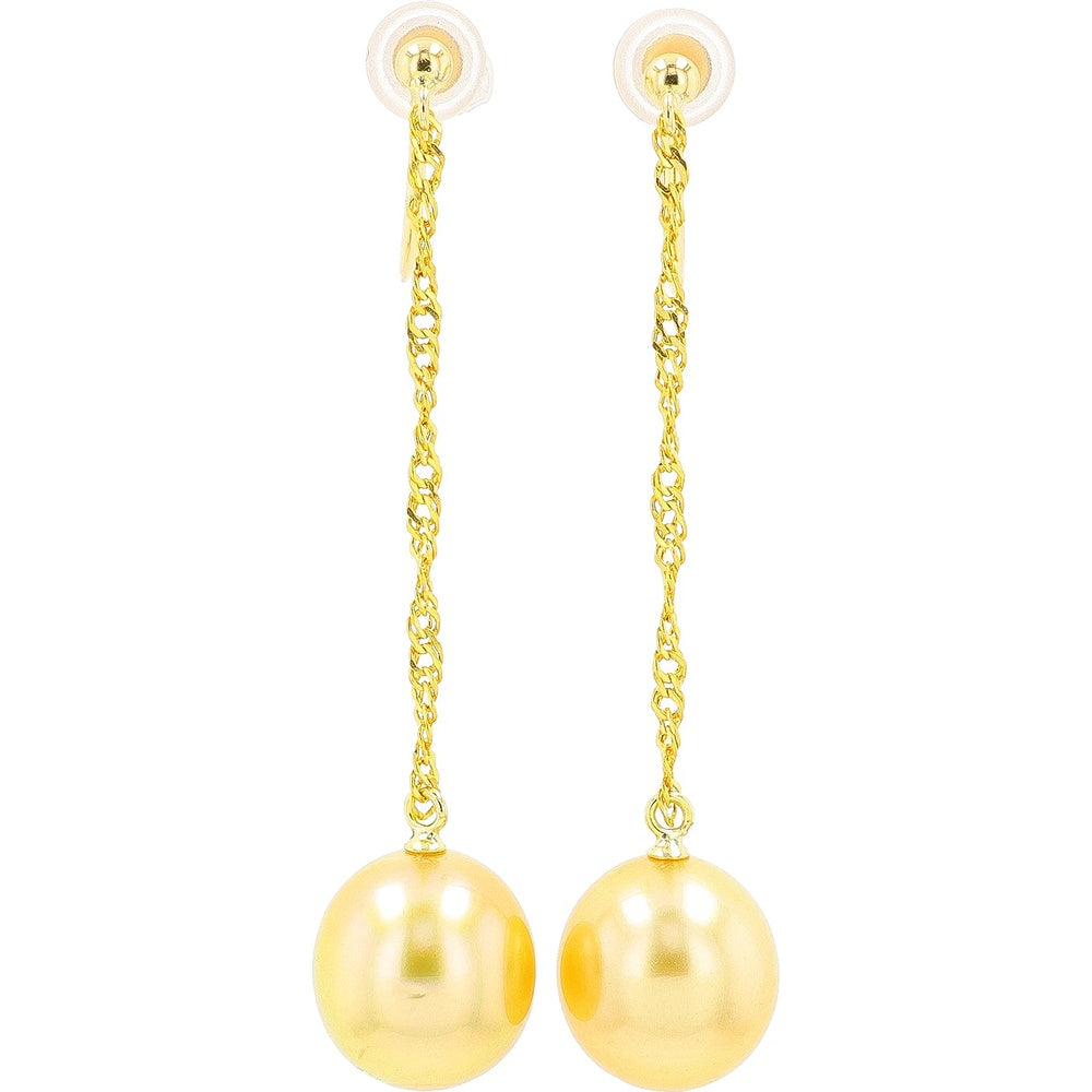 18K and 24K Yellow Gold Drop Earrings with 9.9-11.5mm Golden Pearls on Cable Link Chain