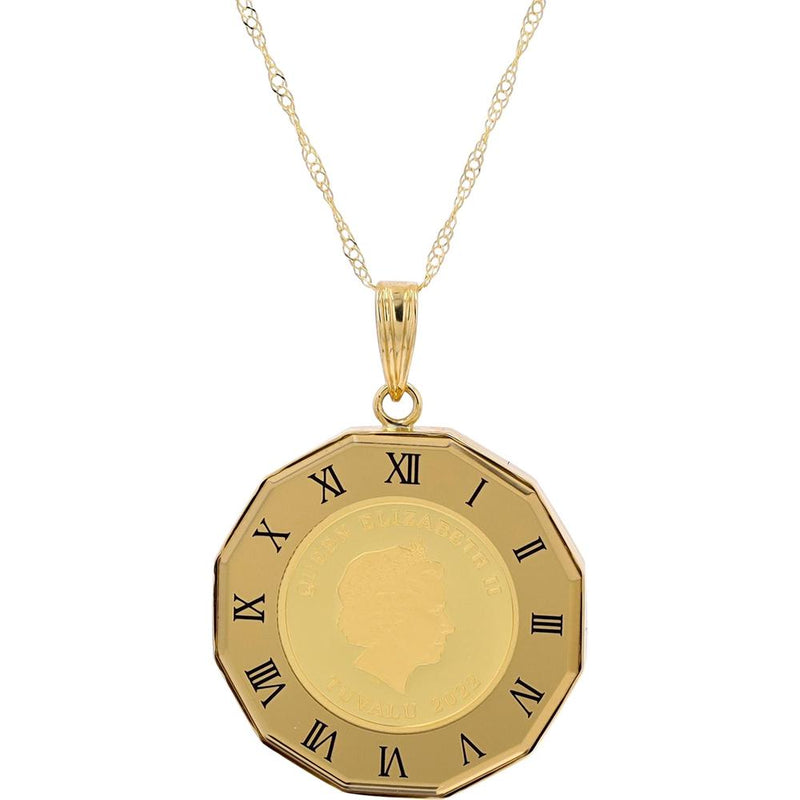 18K & 24K Yellow Gold Elizabeth II Tuvalu Coin Pendant Necklace with Roman Numerals