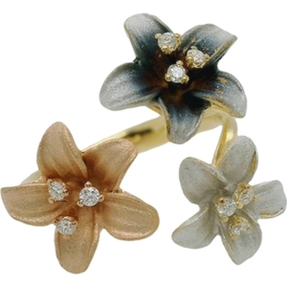18K Gold Floral Diamond Ring with Three Flower Motifs by Afarin
