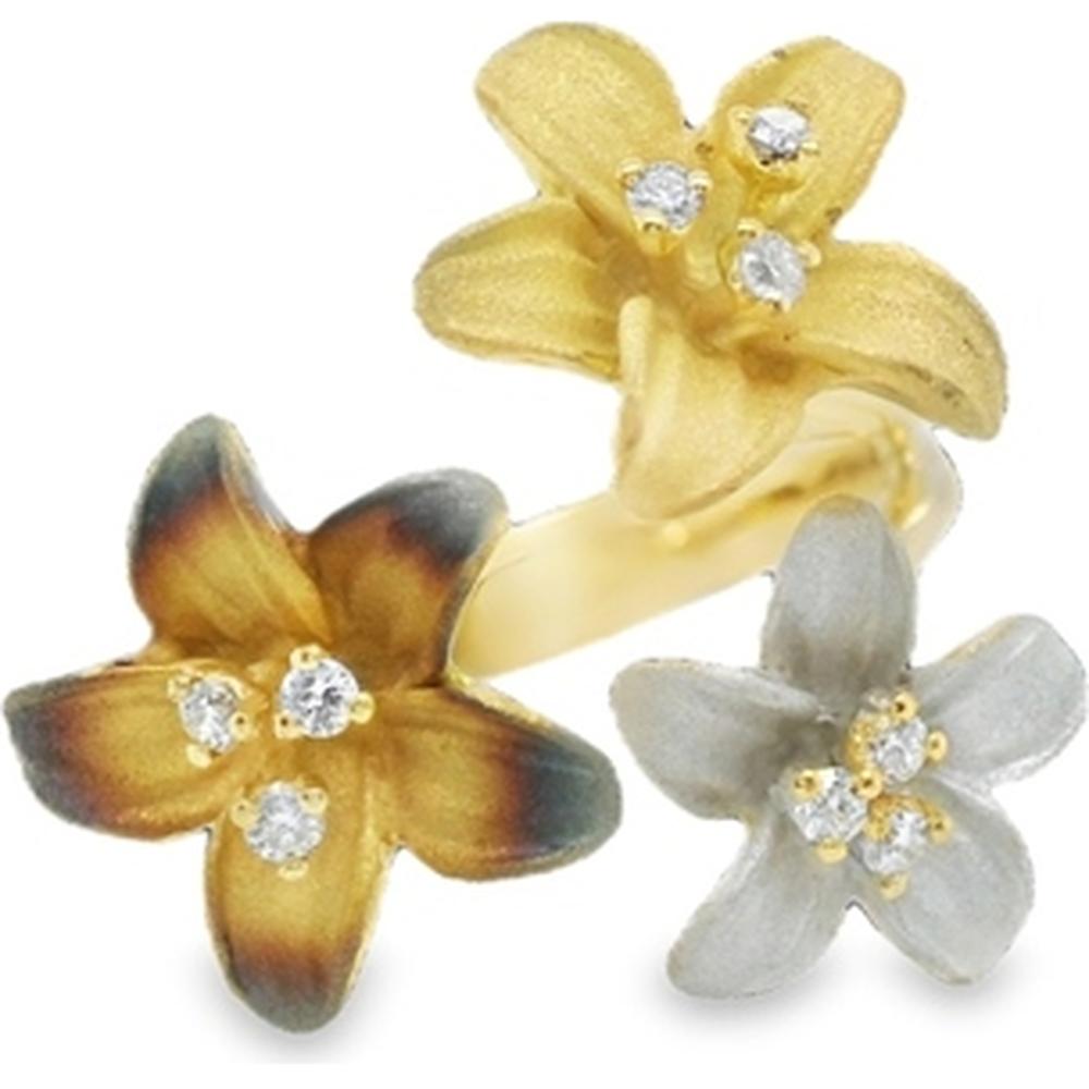 18K Gold Floral Diamond Ring with Three Flower Motifs by Afarin