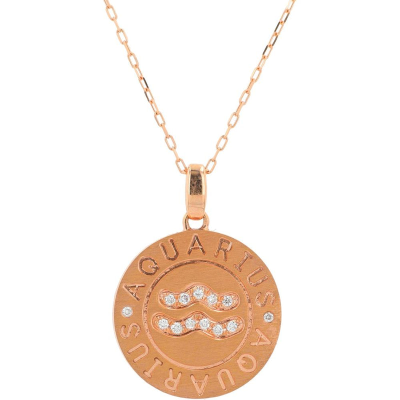 18K Rose Gold Carat Diamond Aquarius Zodiac Pendant Necklace