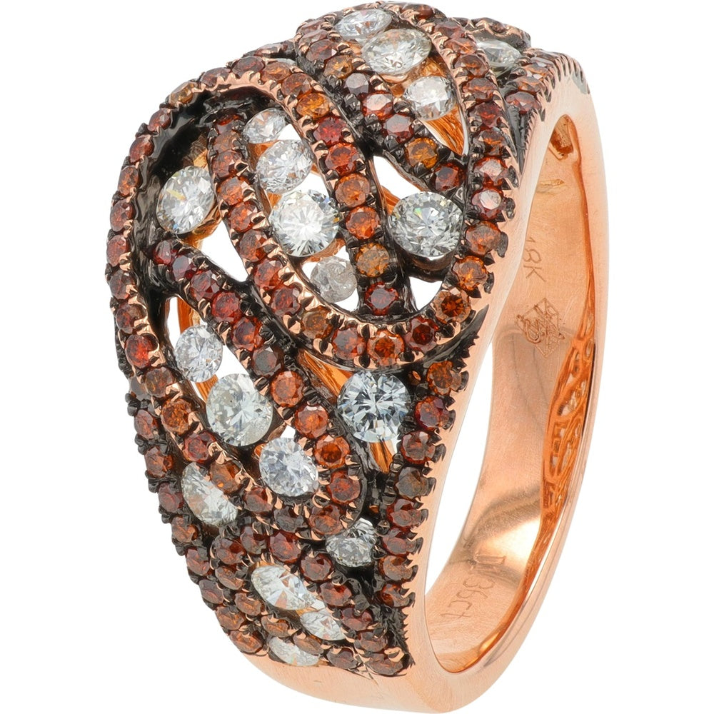 18K Rose Gold 1.36 Carat Total Diamond Openwork Ring with Round Cut White and Cognac-Hued Diamonds