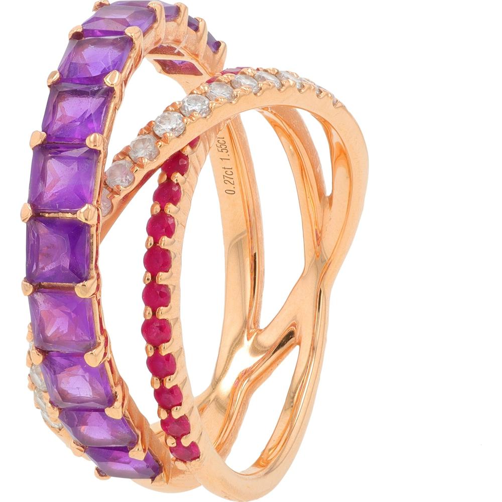 18K Rose Gold 3 Carat Amethyst and Ruby Crossover Ring with 0.28 Carat Diamond Accents