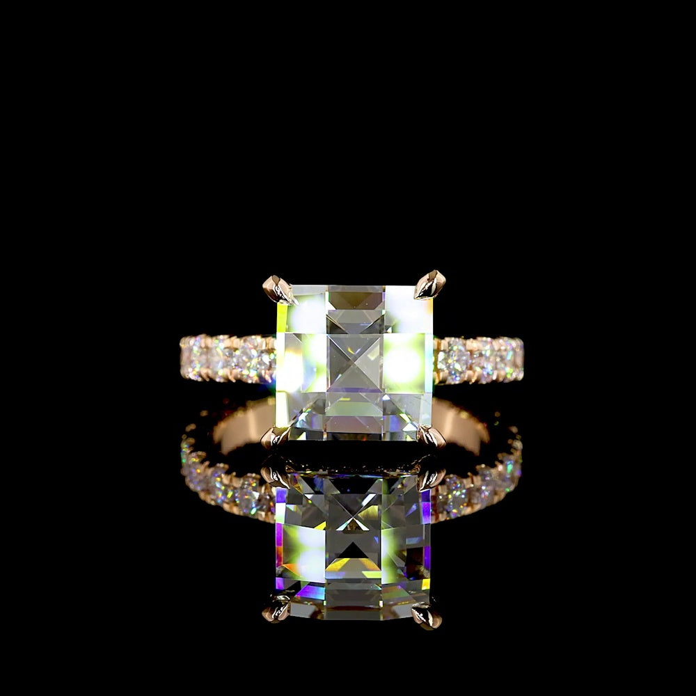 18K Rose Gold Antique Asscher Cut Hidden Halo Ring with Lab-Grown D VVS2 Diamond - 5.56 Carats Total Diamond Weight - Covaloro Fine Jewelry