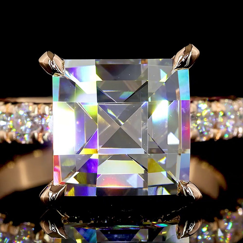 18K Rose Gold Antique Asscher Cut Hidden Halo Ring with Lab-Grown D VVS2 Diamond - 5.56 Carats Total Diamond Weight - Covaloro Fine Jewelry