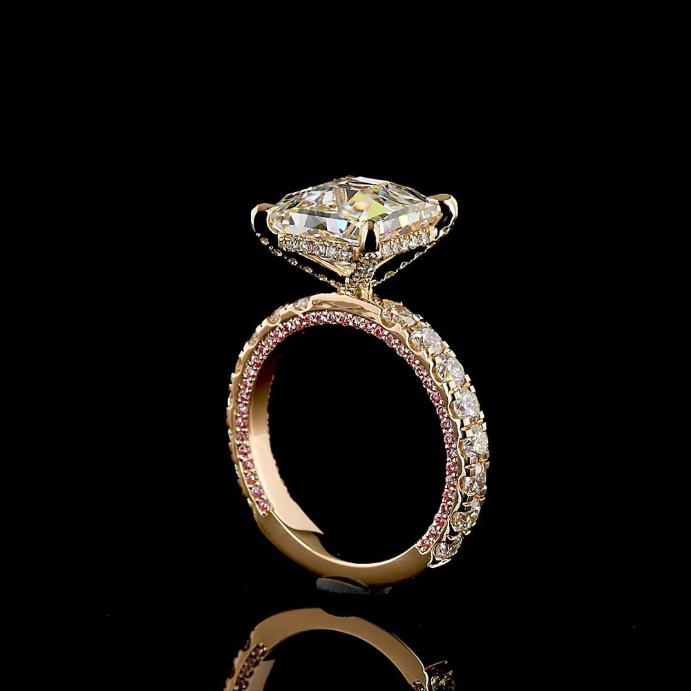 18K Rose Gold Antique Asscher Cut Hidden Halo Ring with Lab-Grown D VVS2 Diamond - 5.56 Carats Total Diamond Weight - Covaloro Fine Jewelry