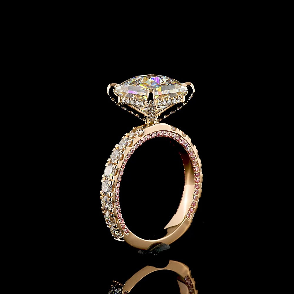 18K Rose Gold Antique Asscher Cut Hidden Halo Ring with Lab-Grown D VVS2 Diamond - 5.56 Carats Total Diamond Weight - Covaloro Fine Jewelry