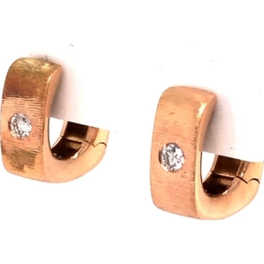 18K Rose Gold Brushed Finish Huggie Earrings with Flush-Set Round Diamonds by Afarin