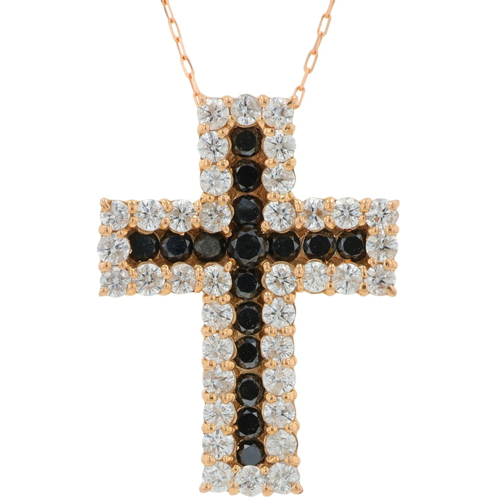 18K Rose Gold Diamond Cross Pendant with Black and White Round Diamonds - 1.00 Carat Total Diamond Weight on 18-Inch Chain