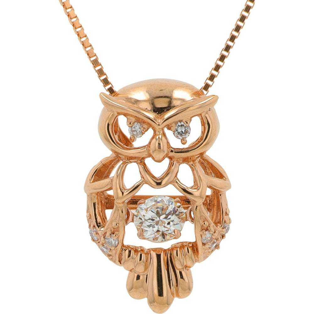 18K Rose Gold Diamond Owl Pendant with Prong-Set Round Brilliant Center Stone - 0.328 Carat Total Diamond Weight on 18-Inch Chain