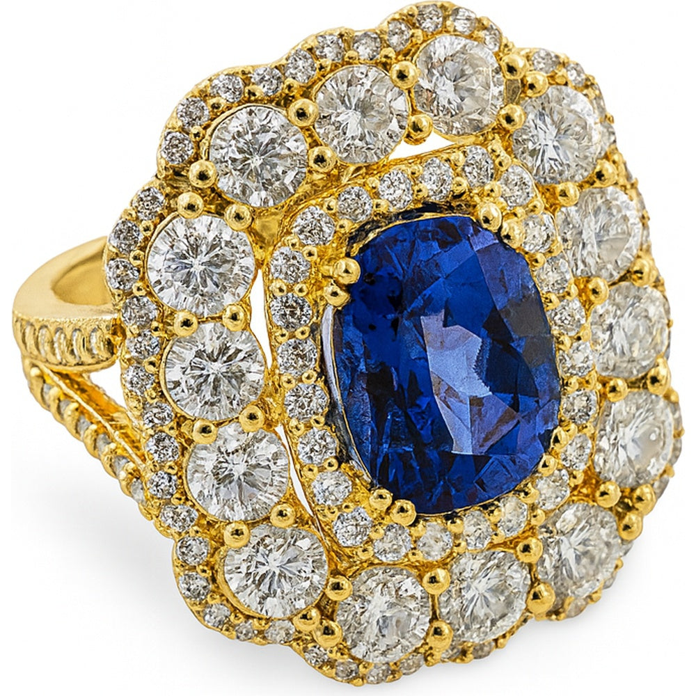 18K Rose Gold Double Halo Ring with Oval Tanzanite and Round Diamonds - 3.35 Carat Tanzanite and 4.16 Carat Total Diamond Weight by Auriventus
