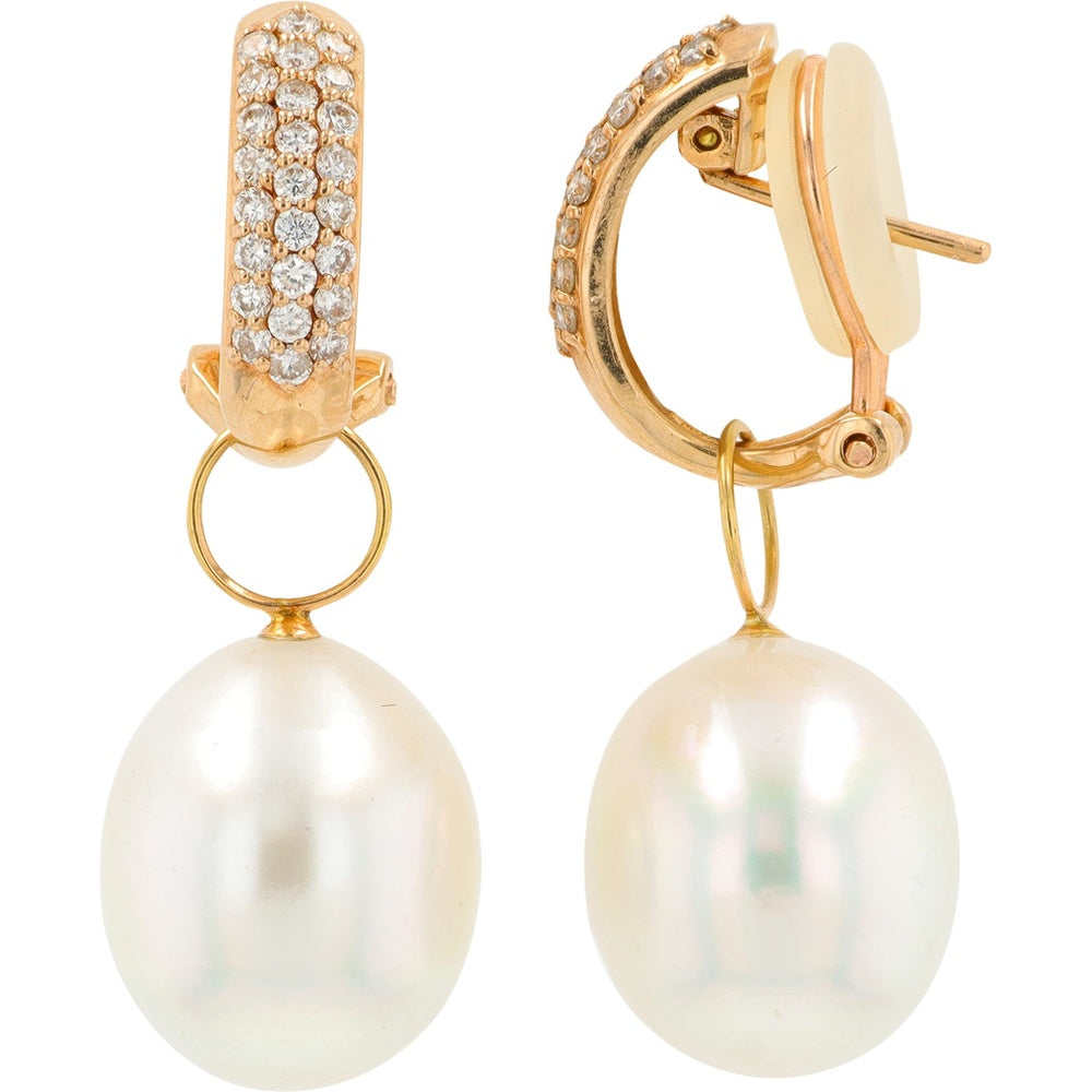 18K Rose Gold Drop Earrings with Pearl and Prong-Set Round Diamonds - 0.50 Carat Total Diamond Weight