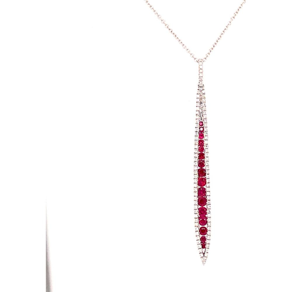18K Rose Gold Elongated Drop Pendant with Round Rubies and Diamond Halo Accent by Afarin