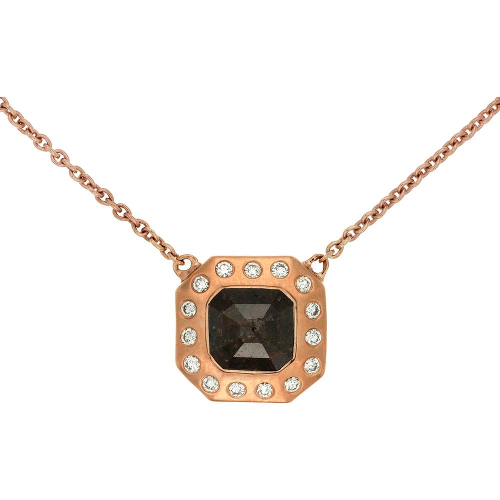 18K Rose Gold Halo Pendant Necklace with 1.50 Carat Geometric Mocha Diamond and 0.15 Carat Flush-Set White Diamonds - Royal Jewelry