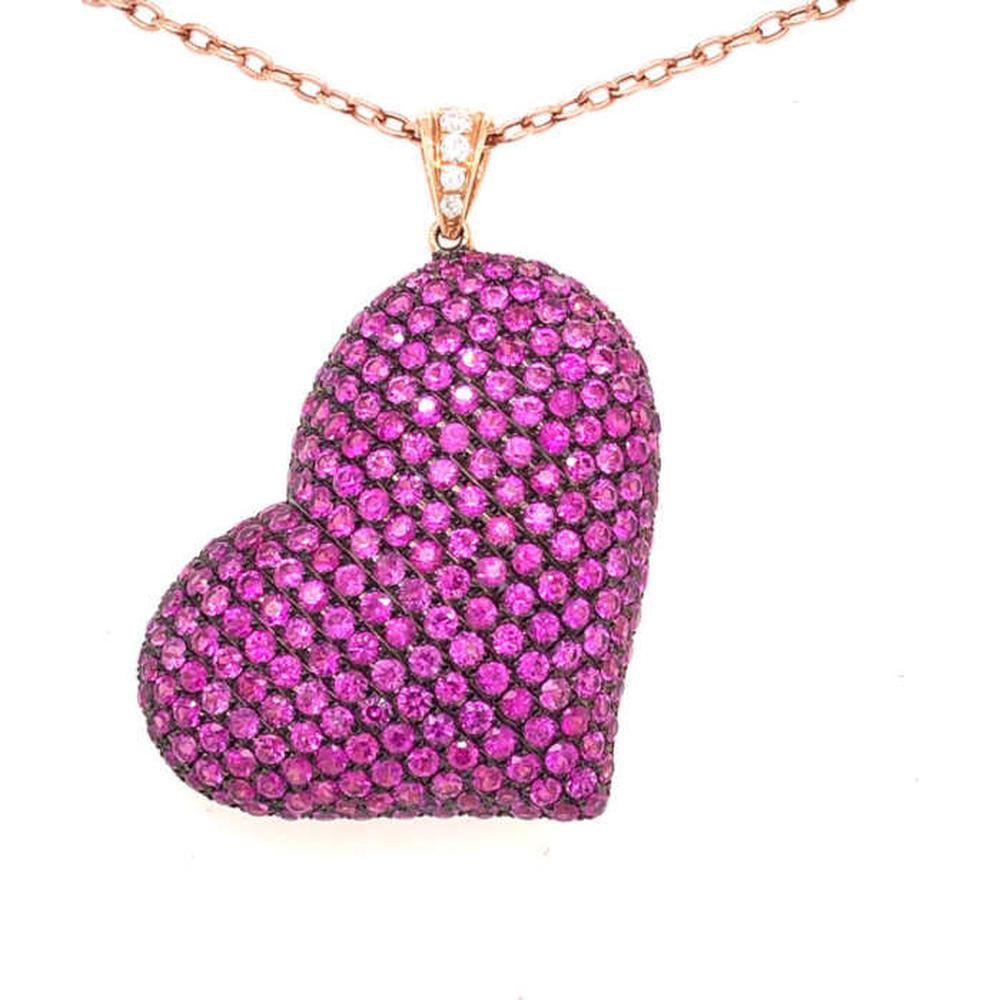 18K Rose Gold Heart Pendant Necklace with Round Pink Sapphires and Diamond Accent Bail by Afarin