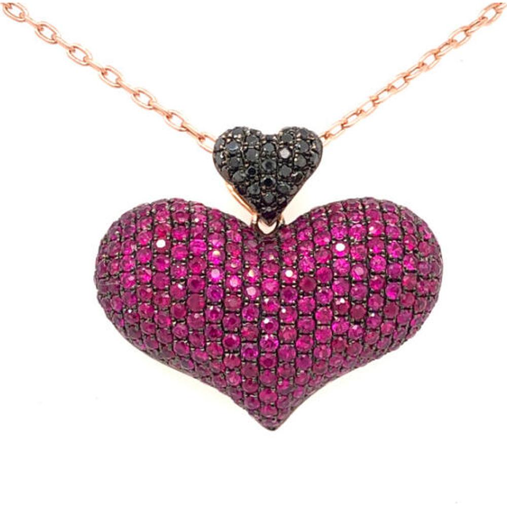 18K Rose Gold Heart Pendant with Pavé Pink Sapphires and Black Diamond Heart Accent by Afarin