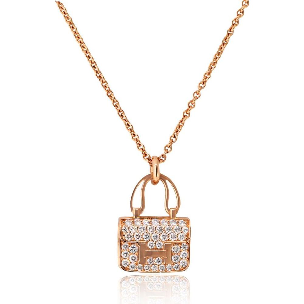 18K Rose Gold Hermes Amulettes Constance Pendant Necklace with Diamond Accents - 10.8g