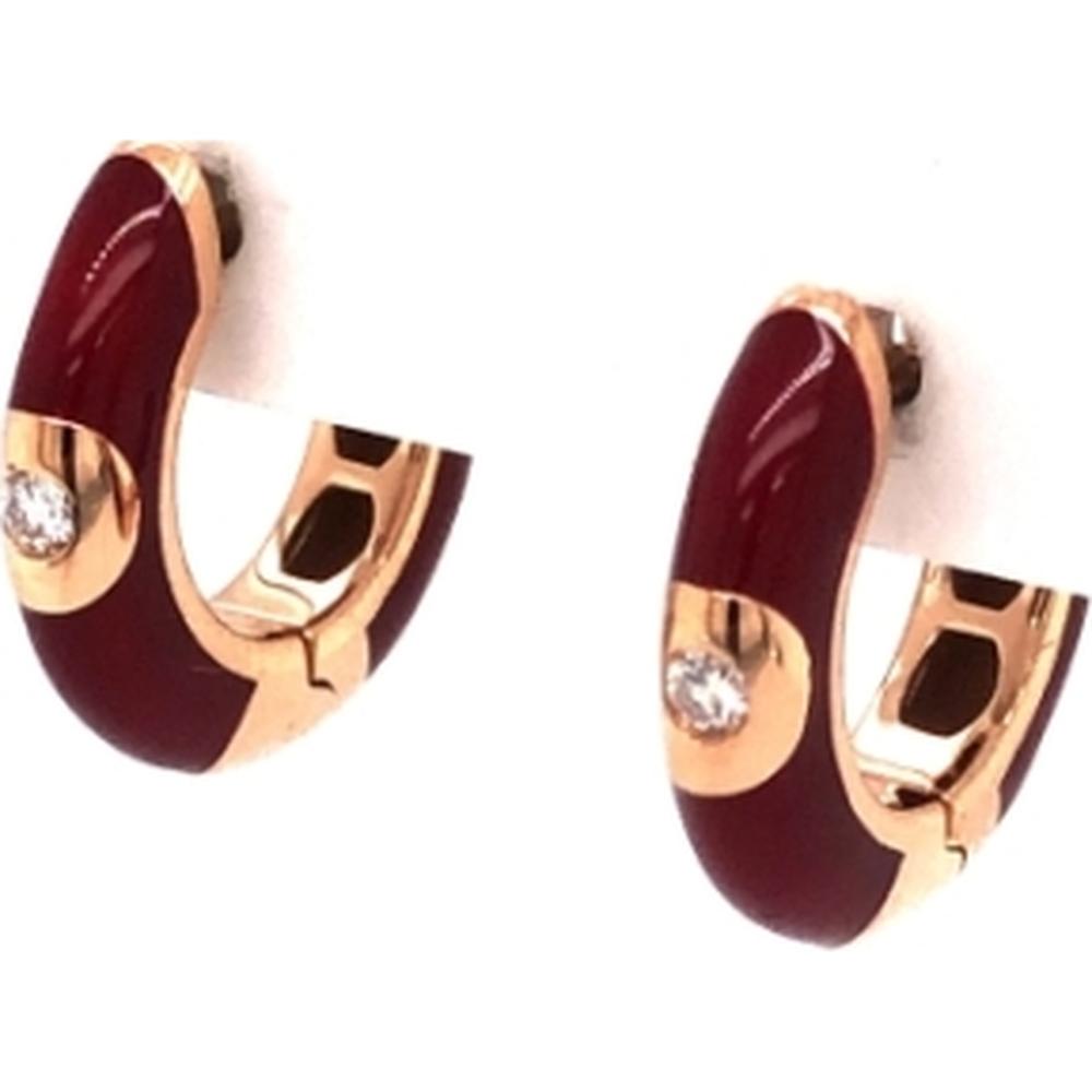 18K Rose Gold Huggie Earrings with Burgundy Enamel and Round Diamond Accents by Afarin