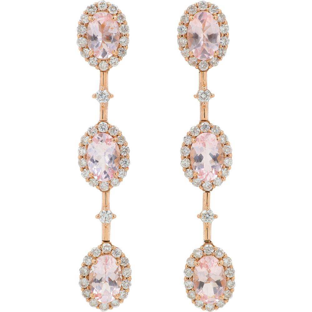 18K Rose Gold Morganite Dangle Earrings with Diamond Halos - 2.40 Carat Total Morganite Weight