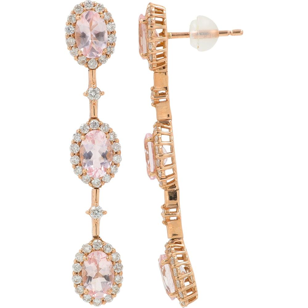 18K Rose Gold Morganite Dangle Earrings with Diamond Halos - 2.40 Carat Total Morganite Weight