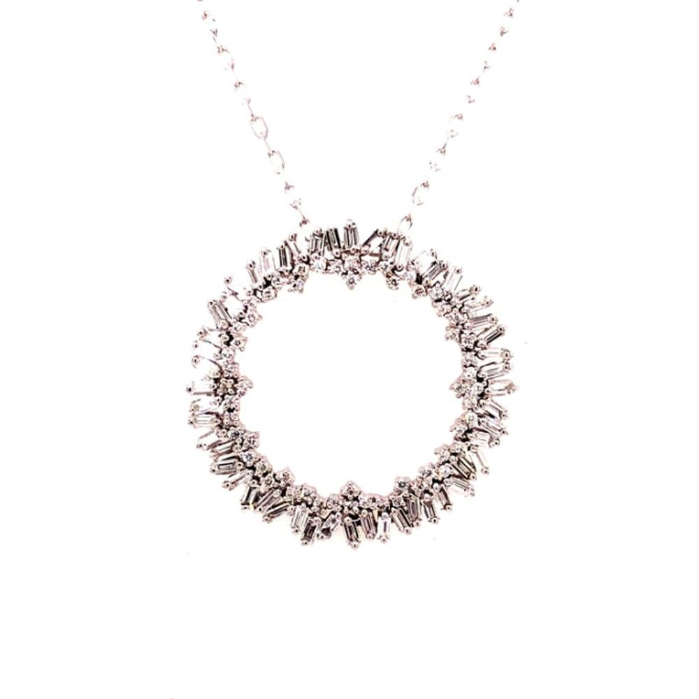 18K Rose Gold Open Circle Diamond Pendant Necklace with Baguette and Round Diamonds by Afarin