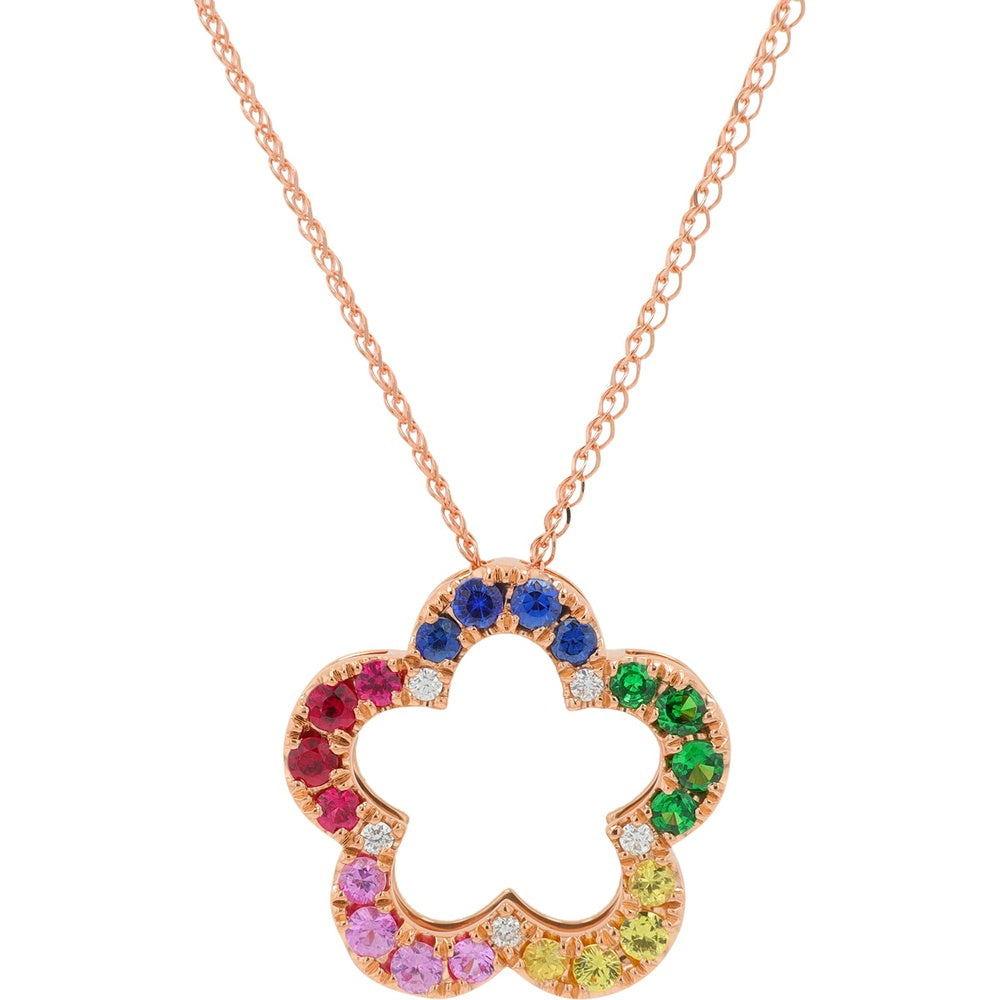18K Rose Gold Open Flower Pendant with Multi-Color Sapphires and Diamond Accents - 0.74 Carat Total Sapphire Weight