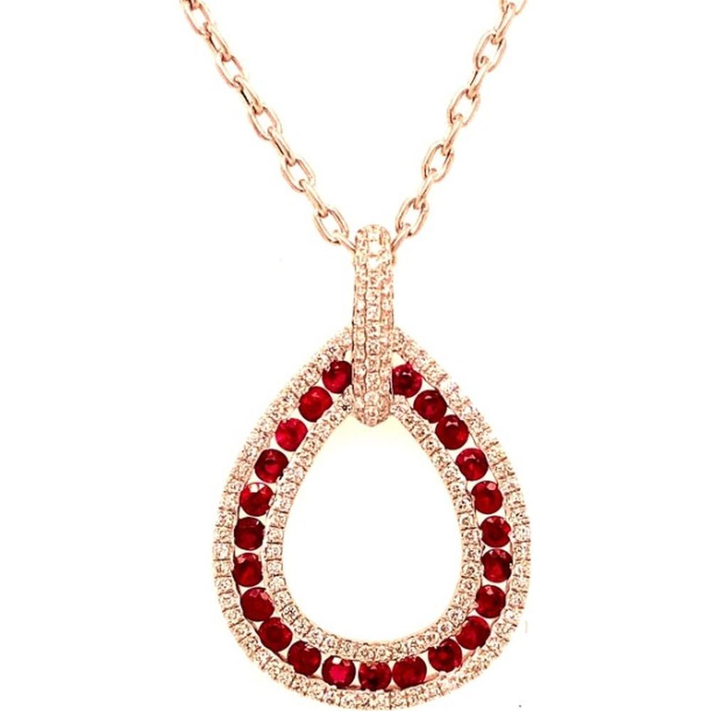 18K Rose Gold Open Teardrop Pendant with Round Rubies and Diamond Halo Accents by Afarin