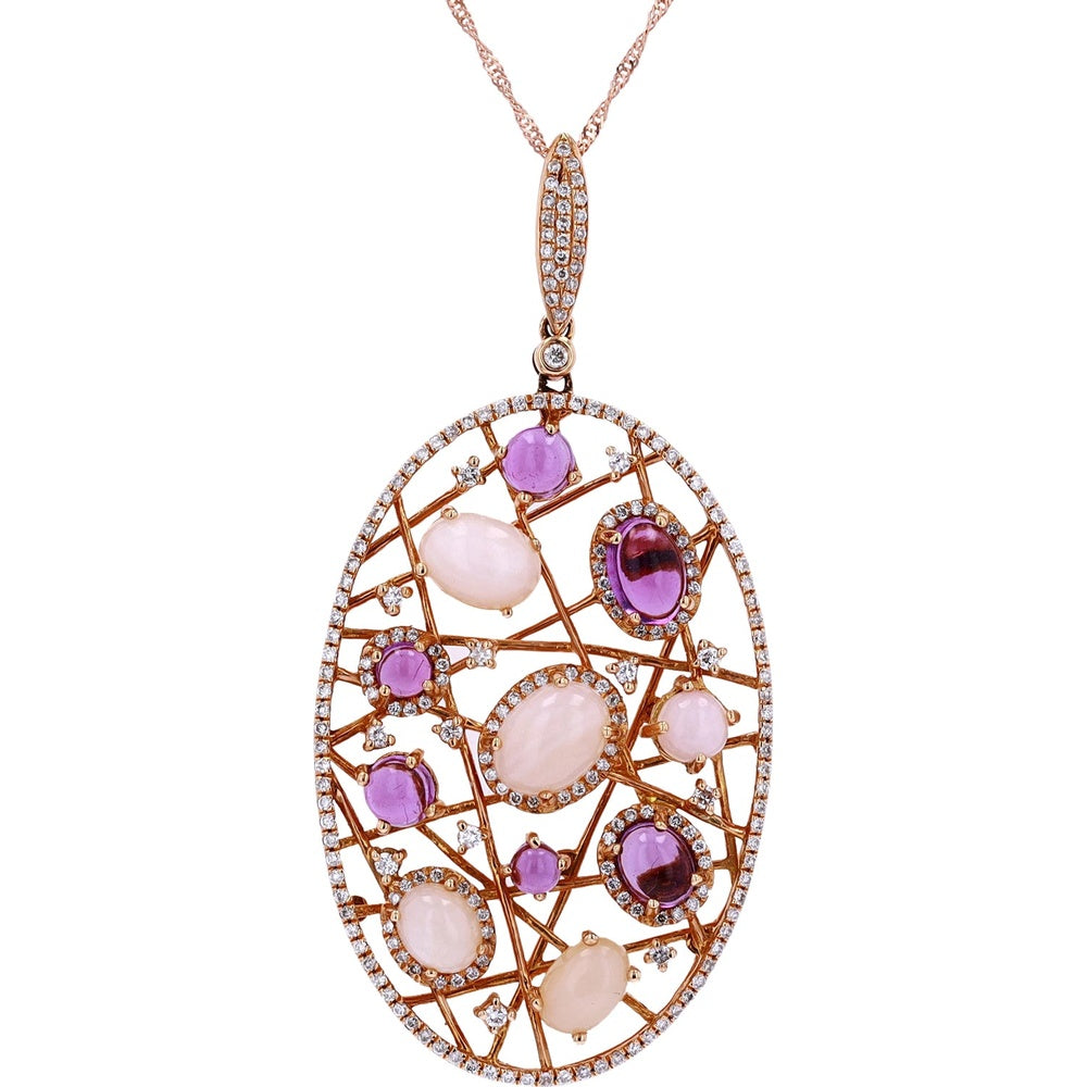 18K Rose Gold Openwork Lattice Pendant with Cabochon Opal, Amethyst and Diamond Accents - 1.00 Carat Opal, 1.80 Carat Amethyst, 0.67 Carat Diamond Total Weight
