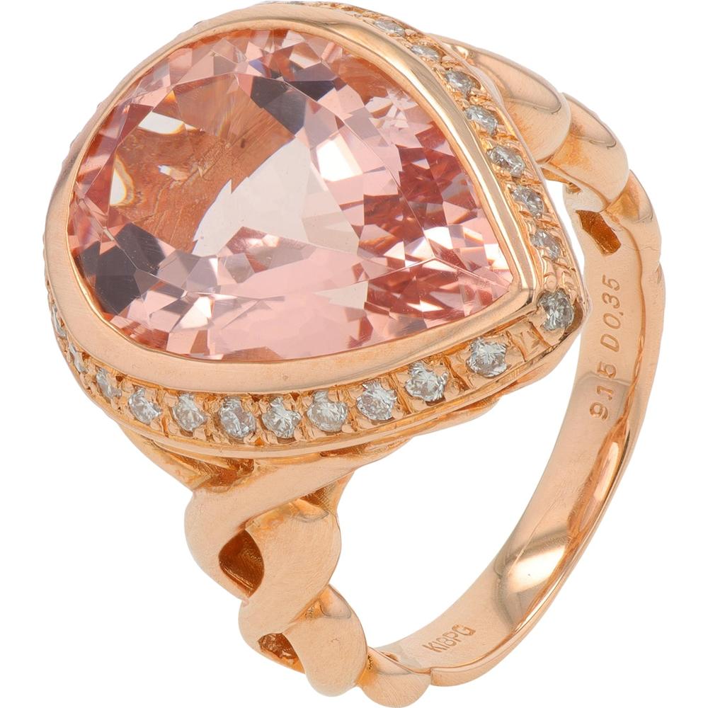 18K Rose Gold Pear - Shaped 9.15 Carat Morganite Ring with 0.35 Carat Diamond Halo