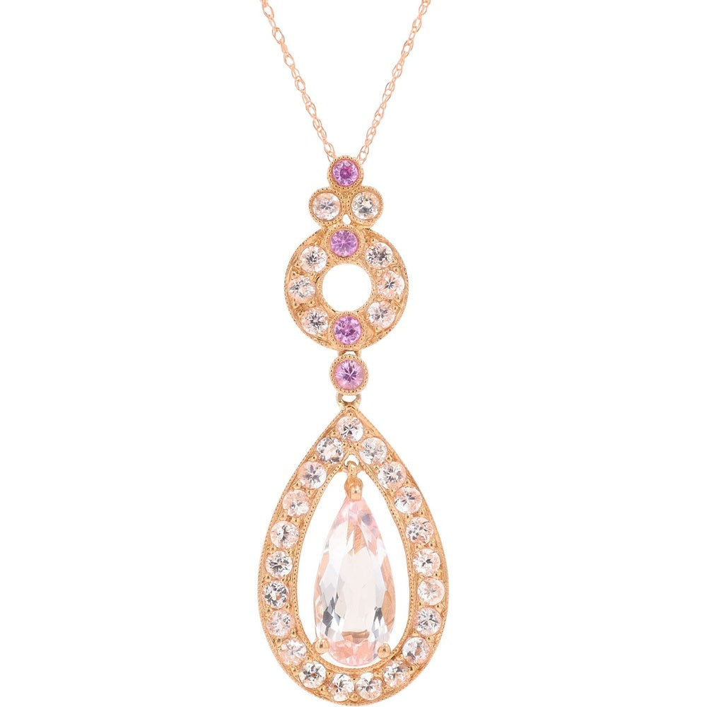 18K Rose Gold Pear-Shaped Morganite and Pink Sapphire Halo Pendant Necklace - 2.99 Carat Total Gem Weight