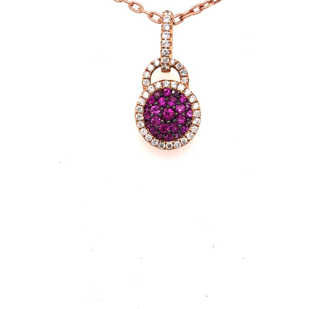 18K Rose Gold Round Pink Sapphire and Diamond Halo Pendant Necklace by Afarin
