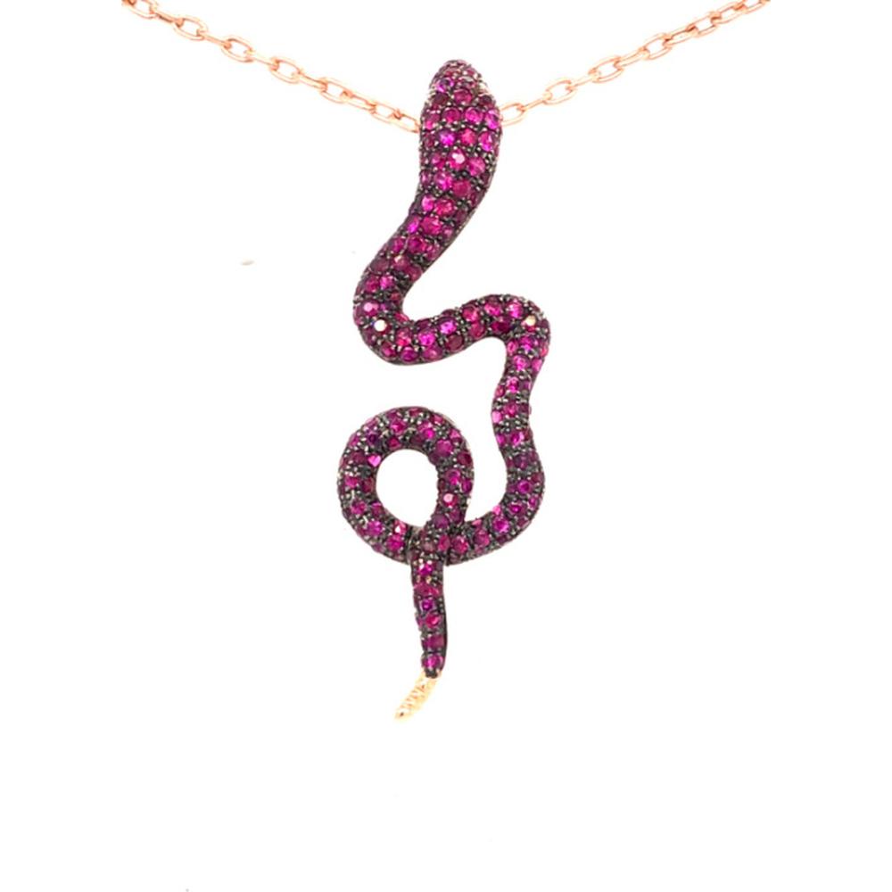 18K Rose Gold Snake Pendant Necklace with Pink Sapphires and Diamonds by Afarin