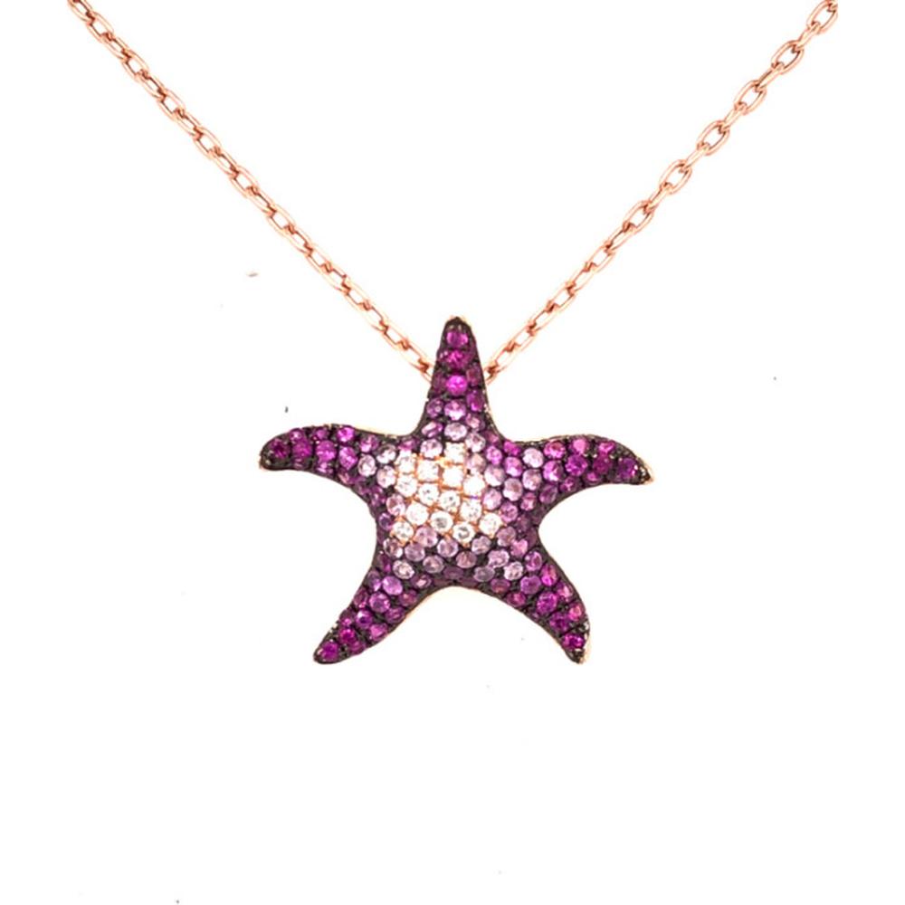 18K Rose Gold Starfish Pendant Necklace with Pink Sapphires and Diamonds by Afarin