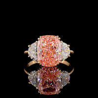 18K Rose Gold Three-Stone Ring with 5.02 Carat Cushion Brilliant Fancy Vivid Pink Lab Diamond and Half-Moon Side Diamonds - 6.19 Carat Total Weight - Covaloro Fine Jewelry