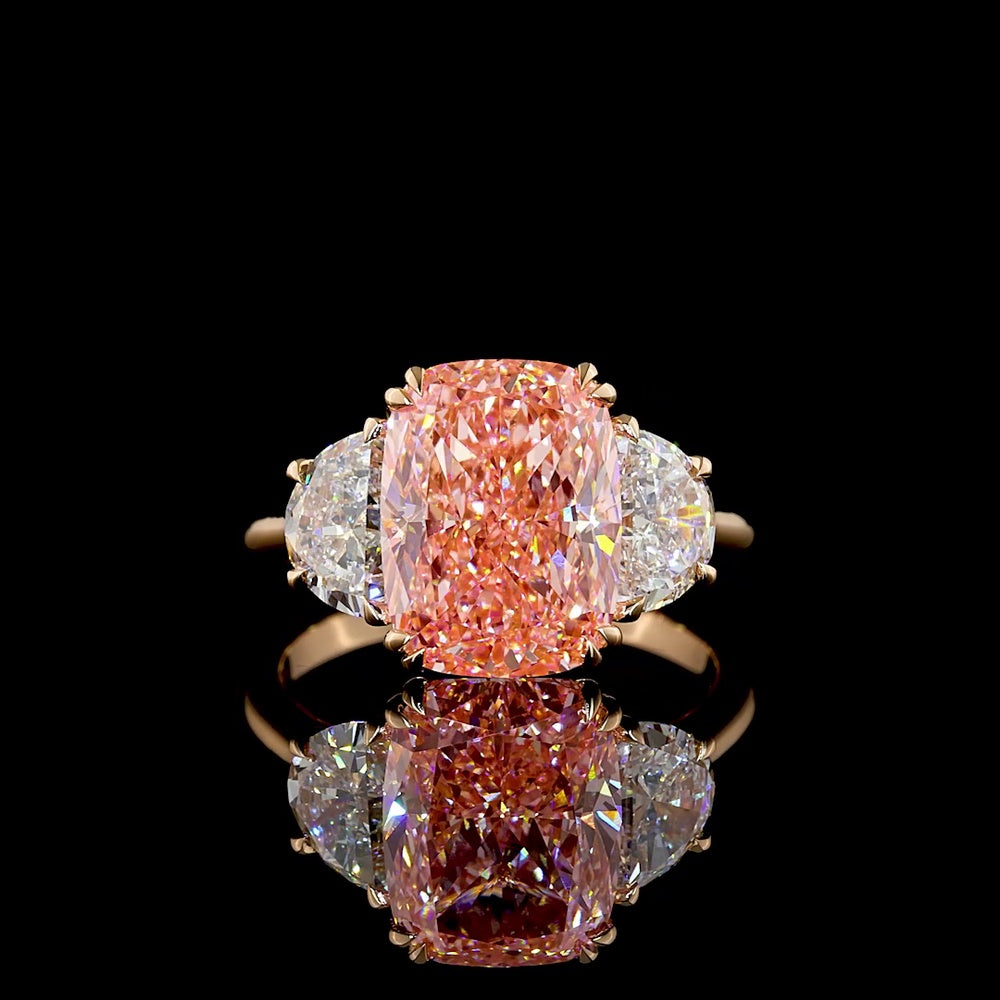 18K Rose Gold Three-Stone Ring with 5.02 Carat Cushion Brilliant Fancy Vivid Pink Lab Diamond and Half-Moon Side Diamonds - 6.19 Carat Total Weight - Covaloro Fine Jewelry