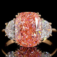 18K Rose Gold Three-Stone Ring with 5.02 Carat Cushion Brilliant Fancy Vivid Pink Lab Diamond and Half-Moon Side Diamonds - 6.19 Carat Total Weight - Covaloro Fine Jewelry