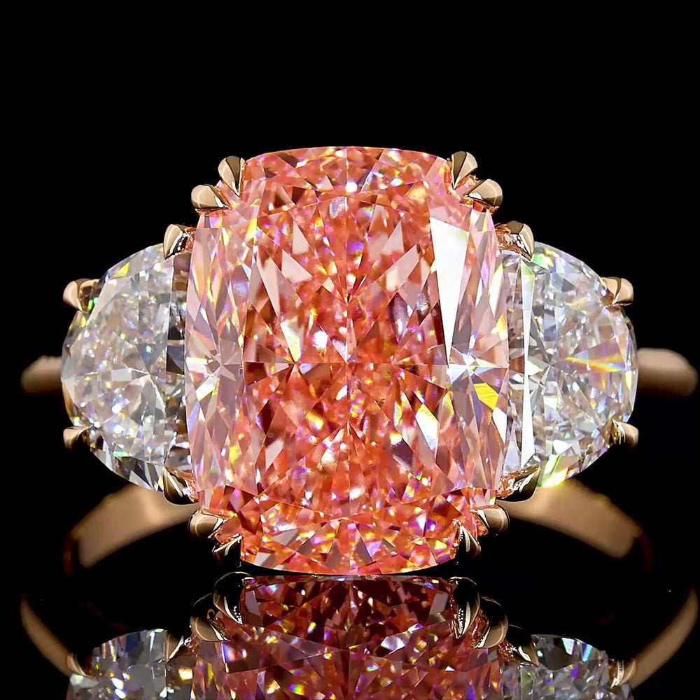 18K Rose Gold Three-Stone Ring with 5.02 Carat Cushion Brilliant Fancy Vivid Pink Lab Diamond and Half-Moon Side Diamonds - 6.19 Carat Total Weight - Covaloro Fine Jewelry