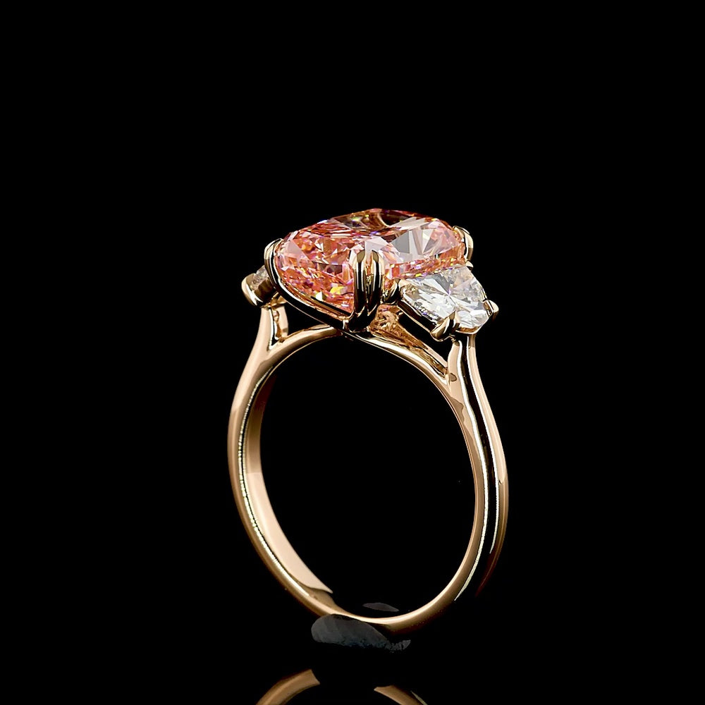 18K Rose Gold Three-Stone Ring with 5.02 Carat Cushion Brilliant Fancy Vivid Pink Lab Diamond and Half-Moon Side Diamonds - 6.19 Carat Total Weight - Covaloro Fine Jewelry