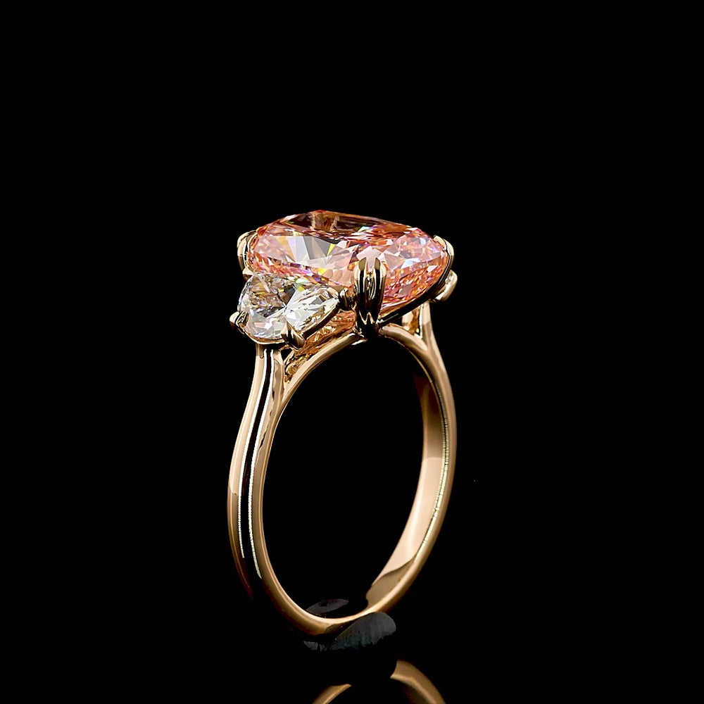 18K Rose Gold Three-Stone Ring with 5.02 Carat Cushion Brilliant Fancy Vivid Pink Lab Diamond and Half-Moon Side Diamonds - 6.19 Carat Total Weight - Covaloro Fine Jewelry
