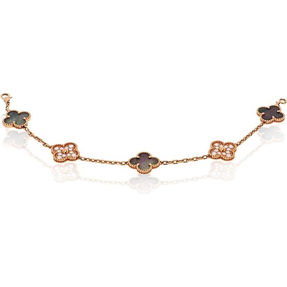 18K Rose Gold Van Cleef & Arpels Alhambra Bracelet with Mother-of-Pearl and Round Brilliant Diamonds