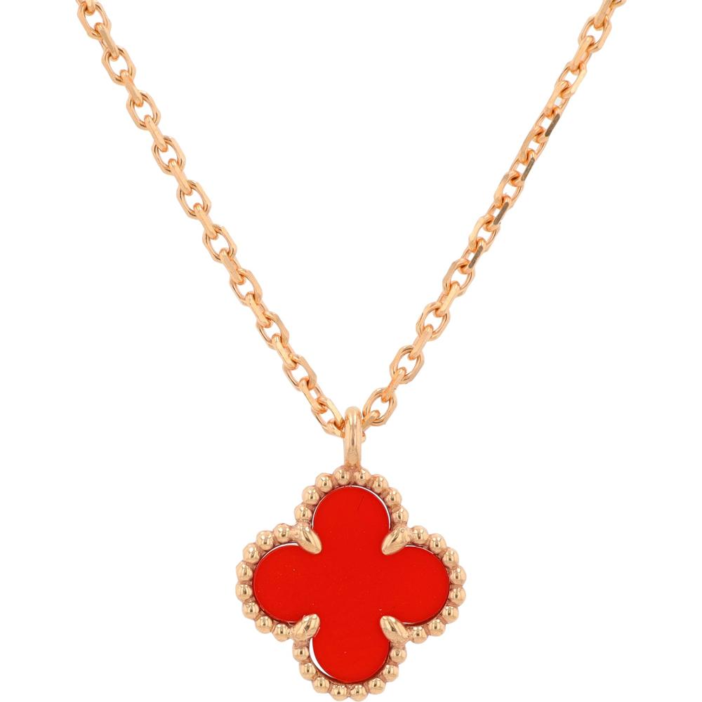 18K Rose Gold Van Cleef & Arpels Carnelian Sweet Alhambra Pendant Necklace with Milgrain Detail